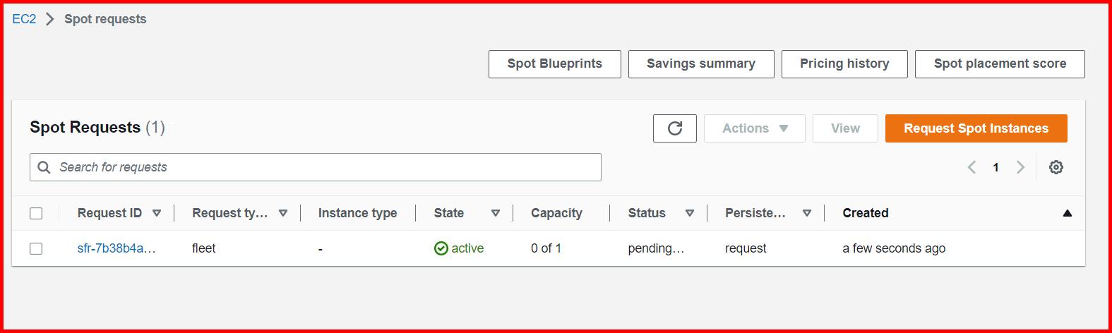 Picture showing the spot request created in AWS console